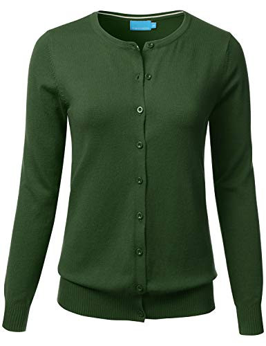 FLORIA Womens Button Down Crew Neck Long Sleeve Soft Knit Cardigan Sweater Olive L