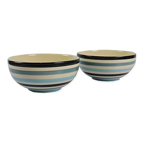 Gray Blue Striped Stoneware Ceramic Soup and Cereal Bowl Set of 2, by CinMin