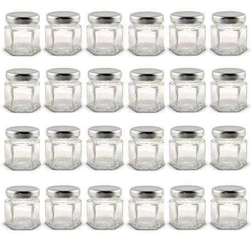 1.5 oz Hexagon Mini Glass Jars with Silver Lids and Labels (Pack of 24)