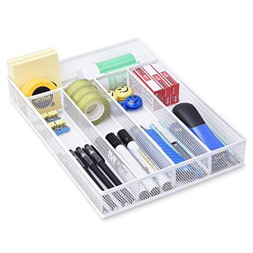 Office Drawer Organizer Tray 5 Compartments Mesh Desk Drawer Organizer Tray for Storage Art Supplies Stationery White