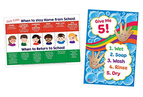 2 Poster Pack  When Sick Kids Should Stay Home from School Poster  and  Give Me 5 Hand Washing Poster - Daycare Posters - School Nurse Posters - Elementary School Posters - 12x18 - Laminated