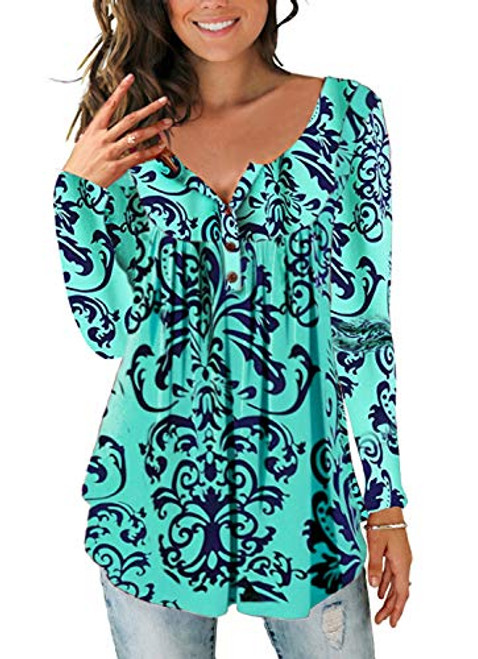 Ophestin Womens Long Sleeve Floral Tops Henley V Neck Loose Tunic Blouse Shirt Green Size 2XL Ophestin Womens Long Sleeve Floral Tops Henley V Neck Loose Tunic Blouse Shirt Green Size 2XL