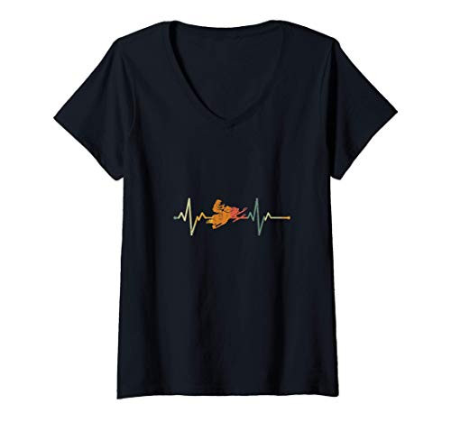 Womens Vintage Snowmobile Driver Gift Heartbeat Snowmobiling V-Neck T-Shirt