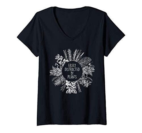 Womens Easily Distracted By Plants Funny Gardener Garden Lover V-Neck T-Shirt