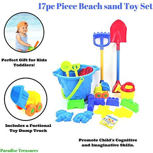 Paradise Treasures 17pc Piece Beach sand Toy Set,Toy Dump Truck, Bucket, Shovels, Rakes, Sand Wheel, Watering Can, Molds Paradise Treasures 17pc Piece Beach sand Toy Set,Toy Dump Truck, Bucket, Shovels, Rakes, Sand Wheel, Watering Can, Molds