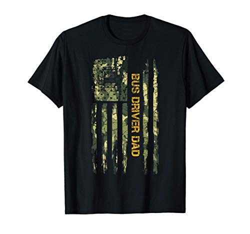 Vintage USA Camo Flag Proud School Bus Driver Dad Silhouette T-Shirt