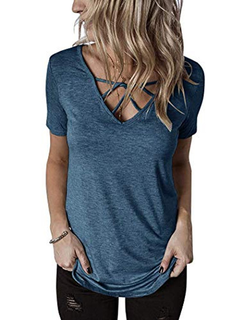 Tivifox Womens Criss Cross Summer Tunic Tops Short Sleeve T Shirts V-Neck Tees Blue S Tivifox Womens Criss Cross Summer Tunic Tops Short Sleeve T Shirts V-Neck Tees Blue S