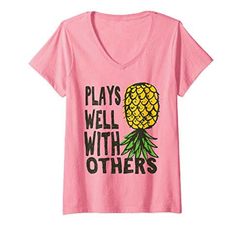 Womens Swinger Couples Plays Well With Others Upside Down Pineapple V-Neck T-Shirt