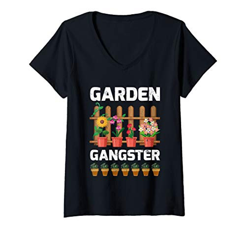 Womens Funny Gardener Men Women Gift Garden Gangster V-Neck T-Shirt