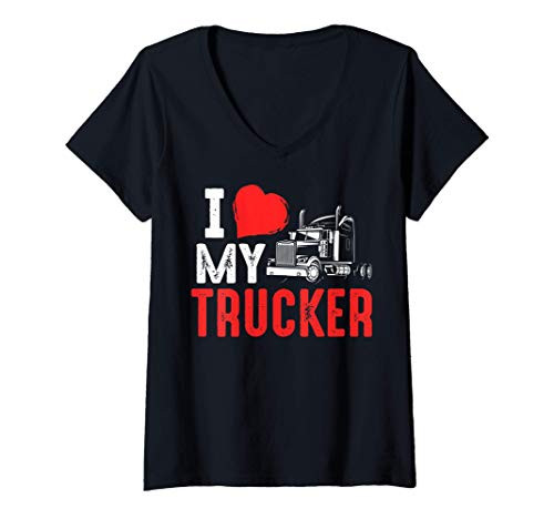 Womens Womens I Love My Trucker Funny Truck Driver Wife Women Gift V-Neck T-Shirt Womens Womens I Love My Trucker Funny Truck Driver Wife Women Gift V-Neck T-Shirt