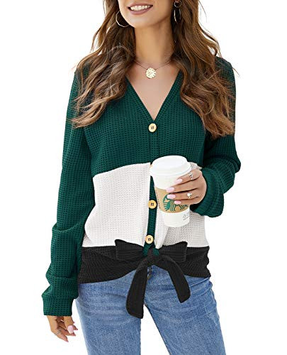 THANTH Womens Casual Tops Long Sleeve V Neck Shirts Tie Front Button Down Color Block Henley Tunic Blouses Green S