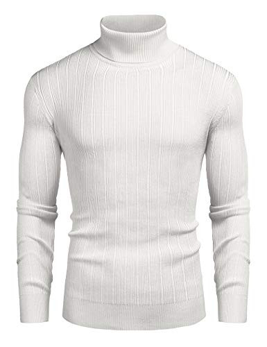COOFANDY Mens Slim Fit Turtleneck Sweater Cotton Ribbed High Neck Pullover Sweaters White