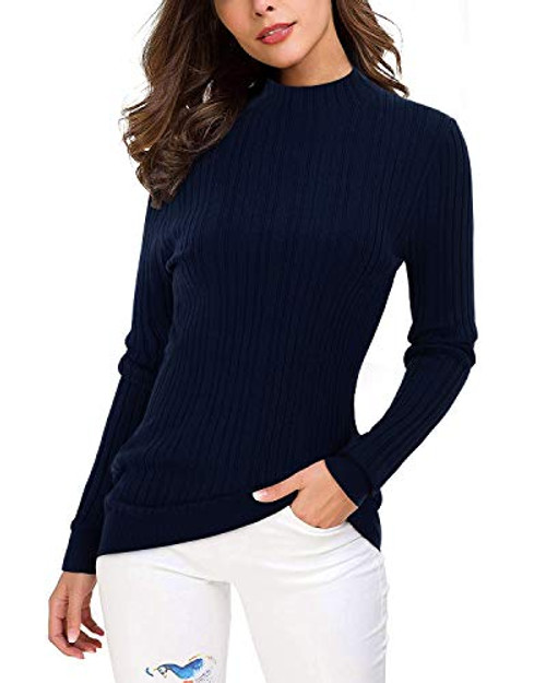 OUGES Womens Lightweight Stretchy Long Sleeve Pullover Cable Knit Mock Turtleneck Sweater Dark Blue M OUGES Womens Lightweight Stretchy Long Sleeve Pullover Cable Knit Mock Turtleneck Sweater Dark Blue M