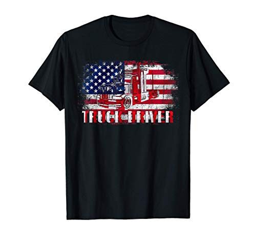 Vintage Truck Driver With American Flag For Trucker Gift T-Shirt