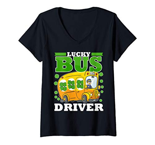 Womens Lucky School Bus Driver St Patricks Day Saint Paddys V-Neck T-Shirt