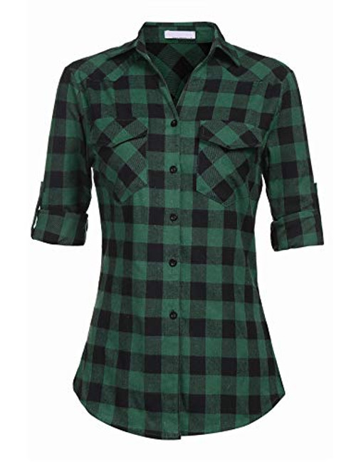 Hotouch Flannel Shirt Women Blouses Tops Buffalo Check Plaid Long Sleeve Roll-Up Casual Button Down Shirts with Pocket Green