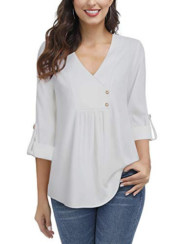 Lotusmile 3 4 Sleeve Blouses for Women Ladies Deep V Neck White Business Casual Tunic Womens Blouses and Tops Dressy Roll Up Cuffed Sleeves Clothes A Line Curved Hem Pleats Button Down Shirt