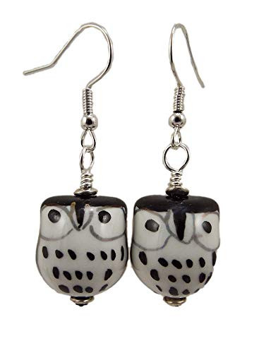 Black Hand Painted Ceramic Owl Dangle Earrings with Silver Toned Ear Wires