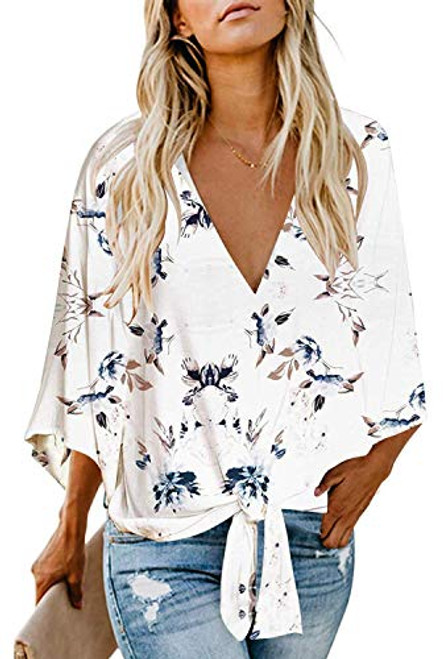 Womens Casual Floral Blouse Batwing Sleeve Loose Fitting Shirts Boho Knot Front Tops White XL