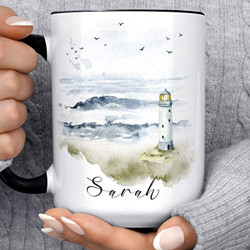 Watercolor Coastal Lighthouse Scene Personalized Ocean Coffee Mug   Custom Name Microwave Dishwasher Safe Ceramic Cup