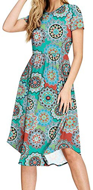 YUNDAI Womens Short Sleeve Polka Dot Casual Dress Pleated Loose Midi Dress with Pocket Small Round Flower Green YUNDAI Womens Short Sleeve Polka Dot Casual Dress Pleated Loose Midi Dress with Pocket Small Round Flower Green