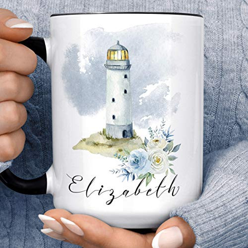 Watercolor Coastal Lighthouse with Flowers Personalized Ocean Coffee Mug   Custom Name Microwave Dishwasher Safe Ceramic Cup