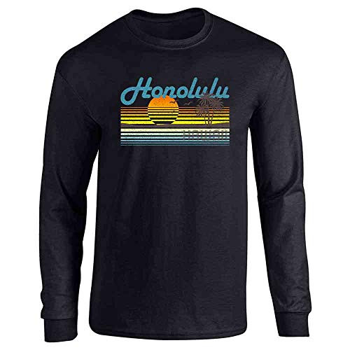 Pop Threads Honolulu Hawaii Retro Beach Black XL Full Long Sleeve Tee T-Shirt