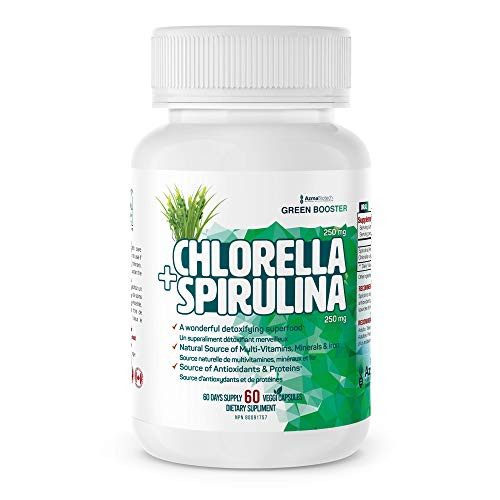 AzmaBiotech Green Booster Synbiotic   Chlorella 250 mg  plus  Spirulina 250 mg   60 Vegan Capsules   Broken Cell Wall