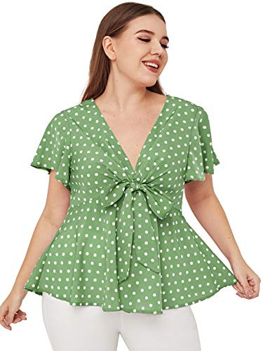 Romwe Womens Plus Size Polka Dots Knot Front Deep V Neck Short Sleeve Blouse Tops Green 3XL