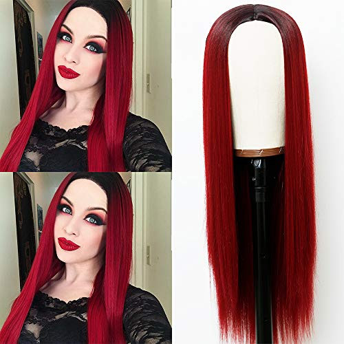 Freyja Ombre Wine Red Wig Long Straight Hair Dark Roots Synthetic Cosplay Wigs Heat Resistant Hair 24 Inches for Fashion Girl
