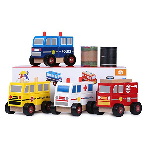 Ray's Toys Stacking Toy Trucks & Road Tapes: Educational Wooden Toy Set of Toy Police Car+ Fire Toy Truck+ Toy Ambulance + Toy School Bus for Toddlers/Sturdy, Colorful Vehicle Set/Great Gifting Idea