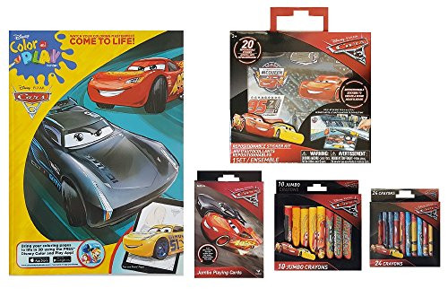 Disney Pixar Cars Activity Gift set of 5 Items: Coloring & Activity Book, Repositional Sticker Kit, Jumbo Playing Cards and Crayons