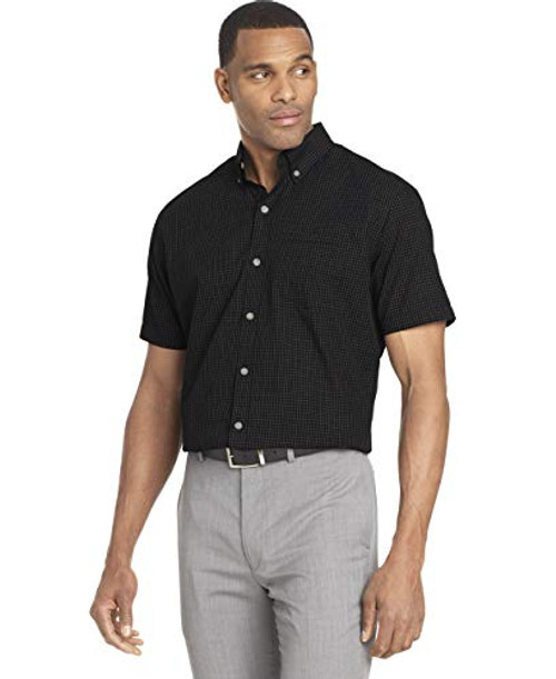 Van Heusen Mens Wrinkle Free Short Sleeve Button Down Check Shirt Black Minicheck XX-Large