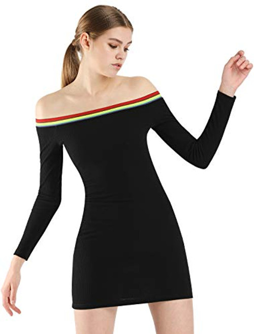 Allegra K Womens Off Shoulder Long Sleeve Rainbow Stripe Bodycon Cocktail Party Pencil Dress Ribbed Slim Fit Mini Dress M Black Allegra K Womens Off Shoulder Long Sleeve Rainbow Stripe Bodycon Cocktail Party Pencil Dress Ribbed Slim Fit Mini Dress M Black