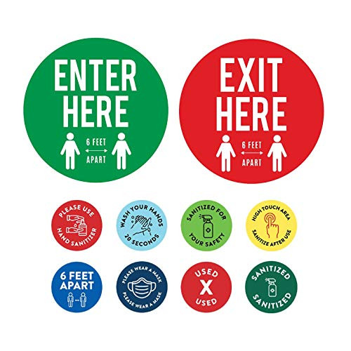 Andaz Press Social Distancing Directional Arrow Enter and Exit Directional Arrows Signage Floor Stickers Business Decal Signage Signs 50 Labels 10-Pack 8 inch  Round  plus  40-Pack 2 inch  Circle Vinyl Decals