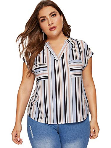 Milumia Womens Casual Plus Size Striped V Neck Short Sleeve Loose Blouse Shirt Tops Multicolor 3X-Large Plus