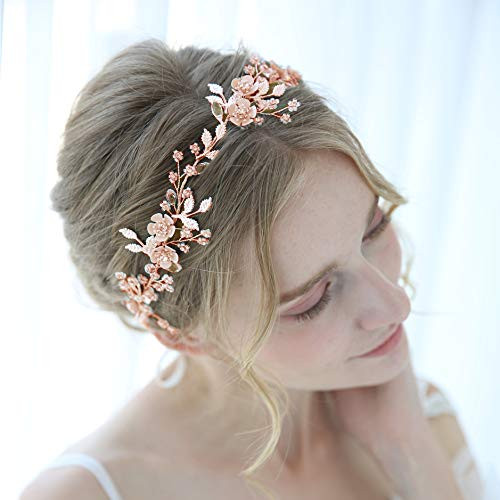 Braveamor Wedding Headbands Bridal Headpieces Flower Leaves Design Hair Vine For Bride Bridesmaids Bridal Hair Accessories For Women Flower Girl  Rose Gold