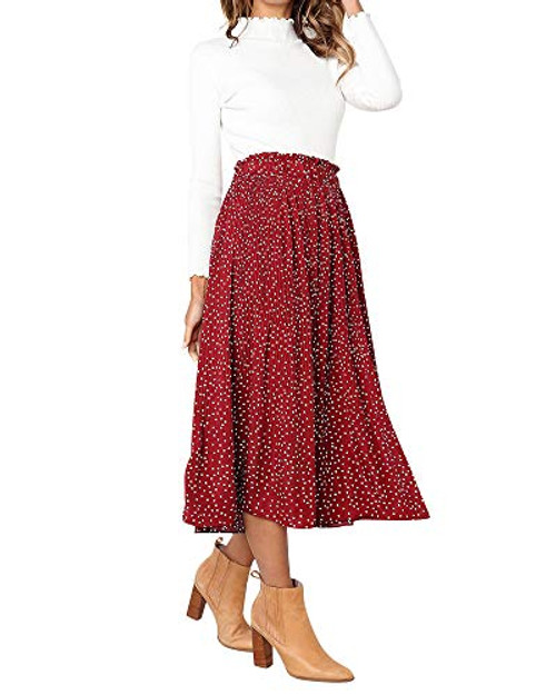 Womens Polka Dot Midi Skirt Elastic Waist Flowy Swing Pleated Maxi Skirt Red XL