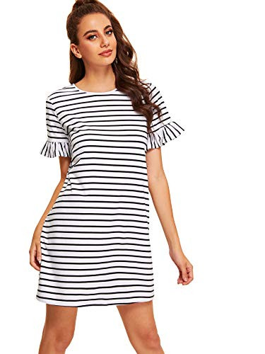 Floerns Womens Summer Casual Ruffle Short Sleeve Tunic Striped T-Shirt Dress White XL