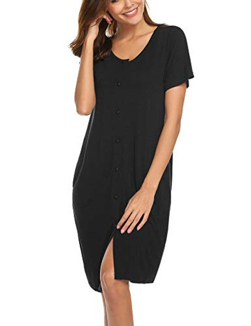 Ekouaer Womens Nightshirt Cotton Sleep Tee Short Sleeve Button Down Nightgown  BlackMedium