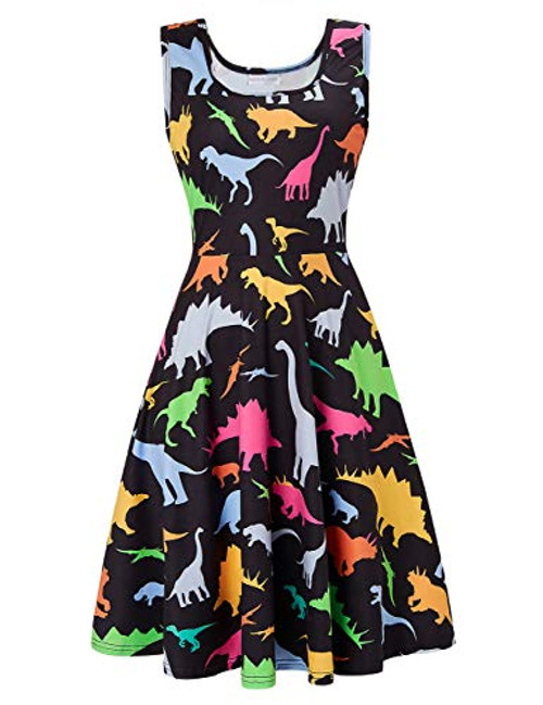 Fanient Womens Dinosaur Print Dress A Line Sleeveless Dress Summer Fun Midi Dress L