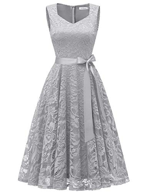 Summer V Neck Floral Lace Midi Cocktail Dress for Women Wedding Guest Church Special Occasions Grey XL