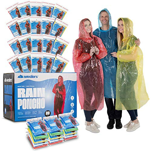 Wealers Rain Poncho Bulk Family Pack Thick Disposable Ponchos for Adults Teens for Women Men Emergency Raincoat with Hood Strings  and  Sleeves for Theme Parks Camping Outdoors Multi Colors Waterproof