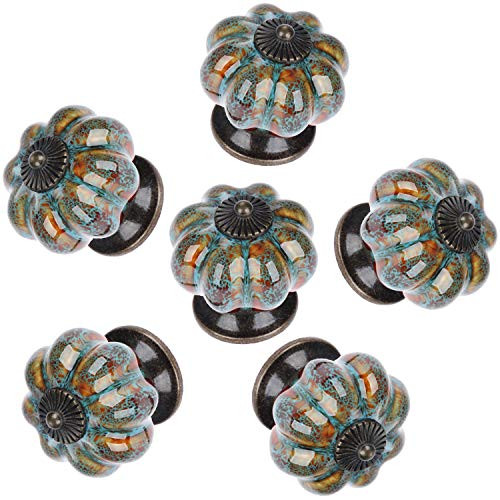6Pcs Ceramic Pumpkin Cabinet Knobs Vintage Door Pull Handle for Kitchen Cabinets Cupboard Bathroom Dresser Drawers and Wardrobe Closet Blue