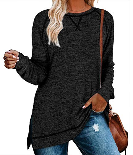 QACOHU Womens Fall Long Sleeve Side Split Loose Casual Pullover Tunic Tops Black Medium