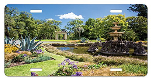 Lunarable Garden License Plate Fitzroy Gardens in a Summer Day Fountain Historical Iconic Tourist Attraction Place High Gloss Aluminum Novelty Plate 5.88 inch  X 11.88 inch  Green Blue