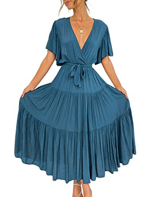 Lovinchic Womens Wrap V Neck Maxi Dress Casual Pleated Long Dress Cocktail Gown with Belt Dark Blue 4-6