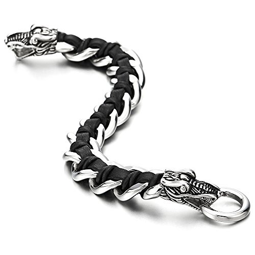 COOLSTEELANDBEYOND Mens Stainless Steel Dragon Curb Chain Bracelet Interwoven with Black Genuine Braided Leather