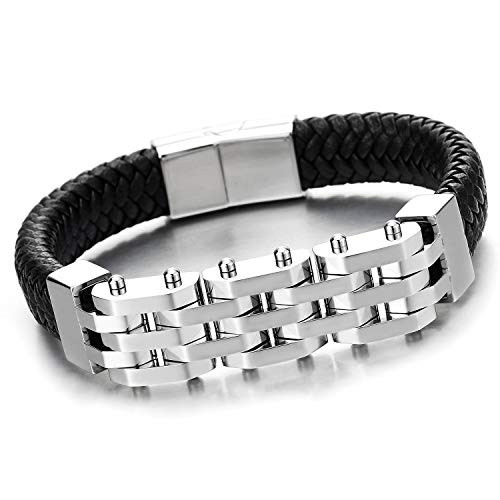 Mens Steel Polished Geometric ID Identification Bracelet Black Braided Leather Bangle Magnetic Clasp