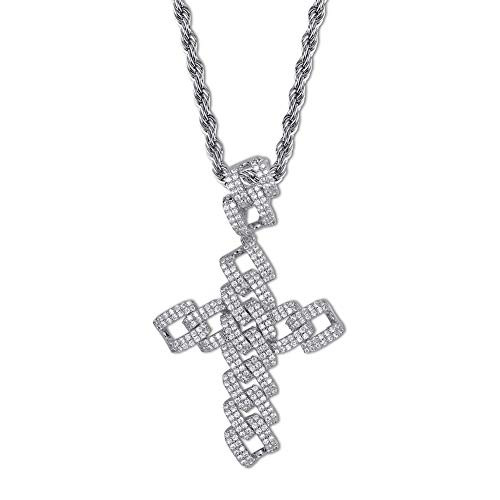 TOPGRILLZ 14K Gold Plated Iced Out Cuban Link Chain Cross Pendant Necklace for Men Stainless Rope Hip Hop  White Gold